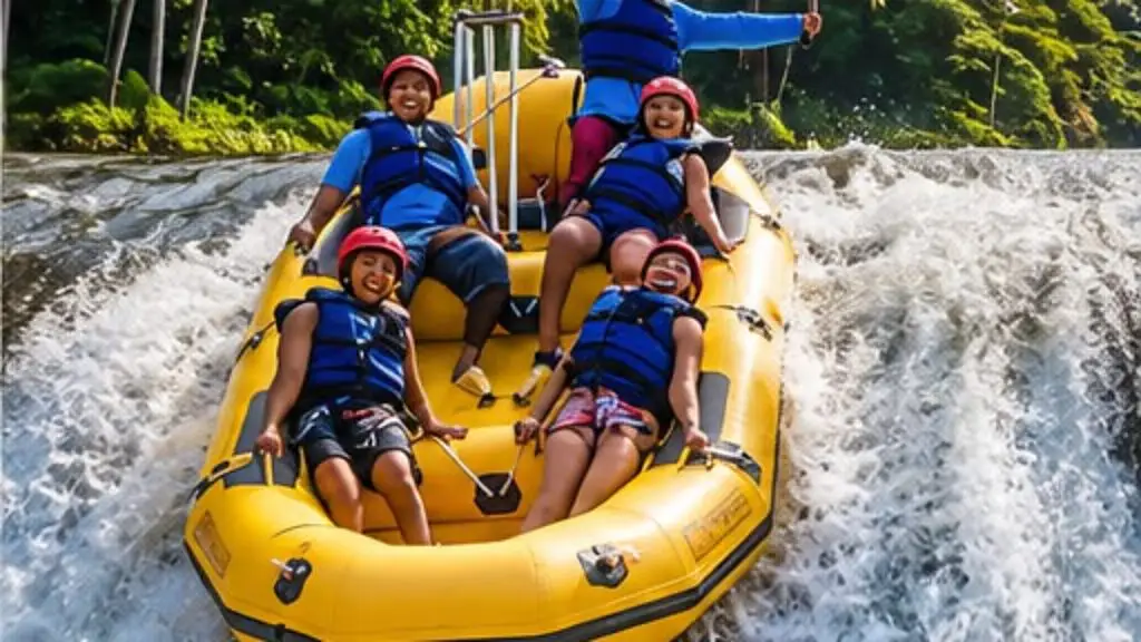 A family in blue life jackets and red helmets in a yellow raft dropping over a white-water rapid, one of them with arms raised