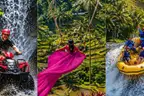 Three scenes side by side — a rider on a red quad bike splashing past a waterfall, a woman on a giant swing in a pink dress over rice terraces, and a family in a yellow raft on a river rapid