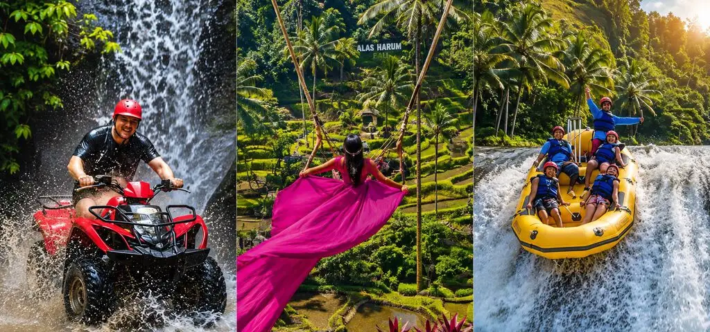 Three scenes side by side — a rider on a red quad bike splashing past a waterfall, a woman on a giant swing in a pink dress over rice terraces, and a family in a yellow raft on a river rapid