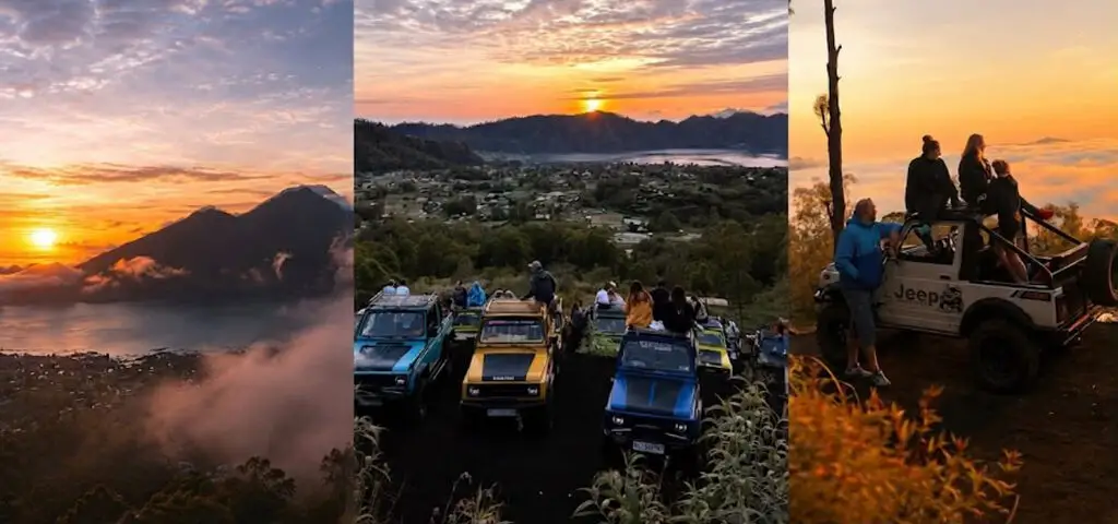 Three dawn scenes side by side — the sun rising beside Mount Batur above a sea of cloud, a row of jeeps parked at a viewpoint over the caldera, and travellers standing on a jeep in golden light