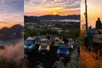 Three dawn scenes side by side — the sun rising beside Mount Batur above a sea of cloud, a row of jeeps parked at a viewpoint over the caldera, and travellers standing on a jeep in golden light