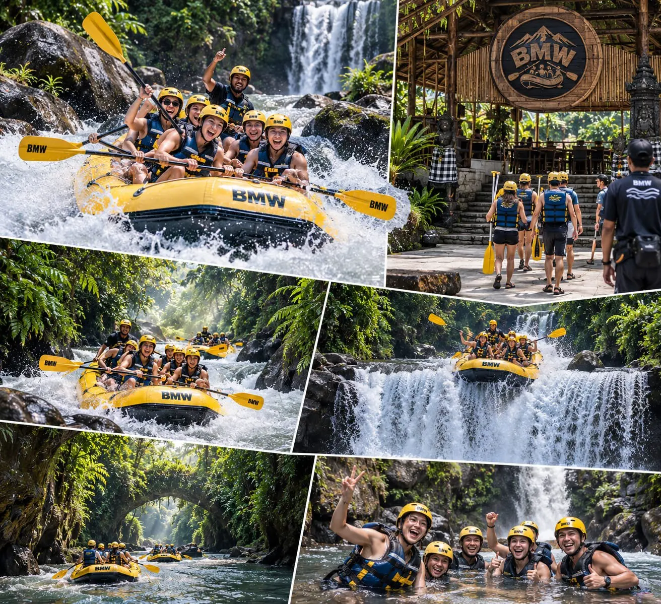Six photographs of a rafting day — a yellow raft of paddlers in helmets riding white water below a waterfall, the group walking down to the river with their paddles, the raft dropping over a fall, and everyone in the pool at the bottom