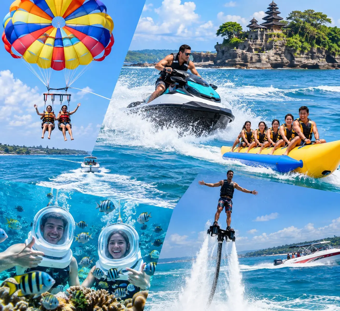 Five photographs of a water-sports day — two people parasailing under a striped canopy, a jet ski throwing spray past a temple on a rock headland, a row of riders on a banana boat, a couple in diving helmets on the reef among tropical fish, and a flyboarder standing on a jet of water