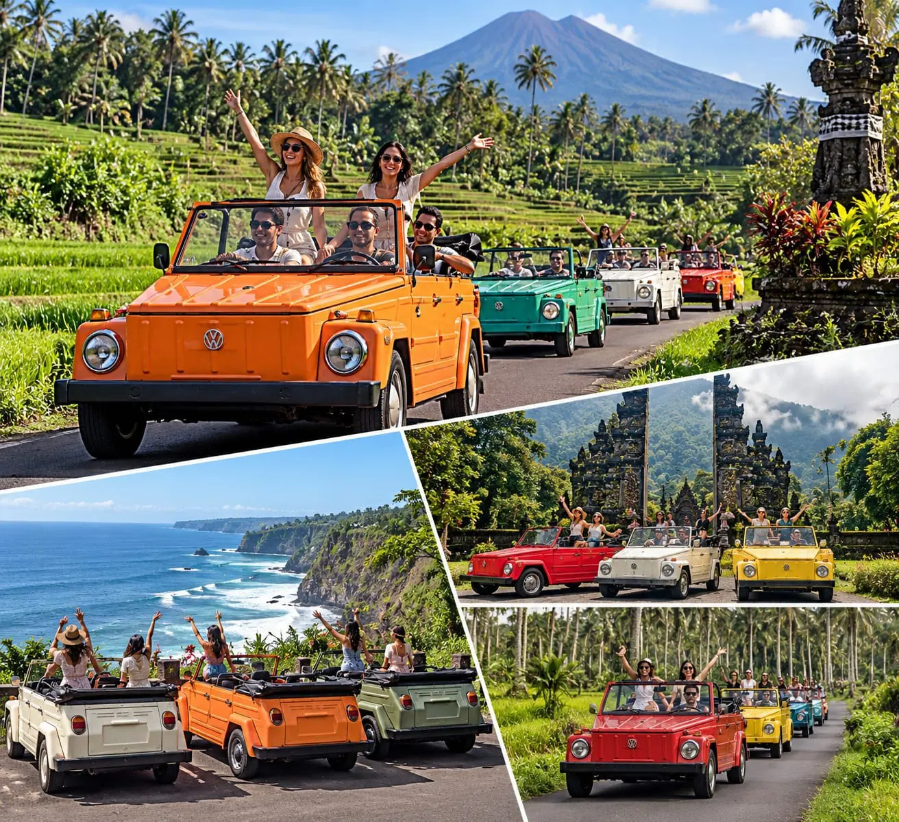 Four photographs of a classic-car day — a convoy of open-topped Volkswagens carrying waving passengers between rice terraces with a volcano behind, past a stone temple gate in the highlands, and along a road above the sea