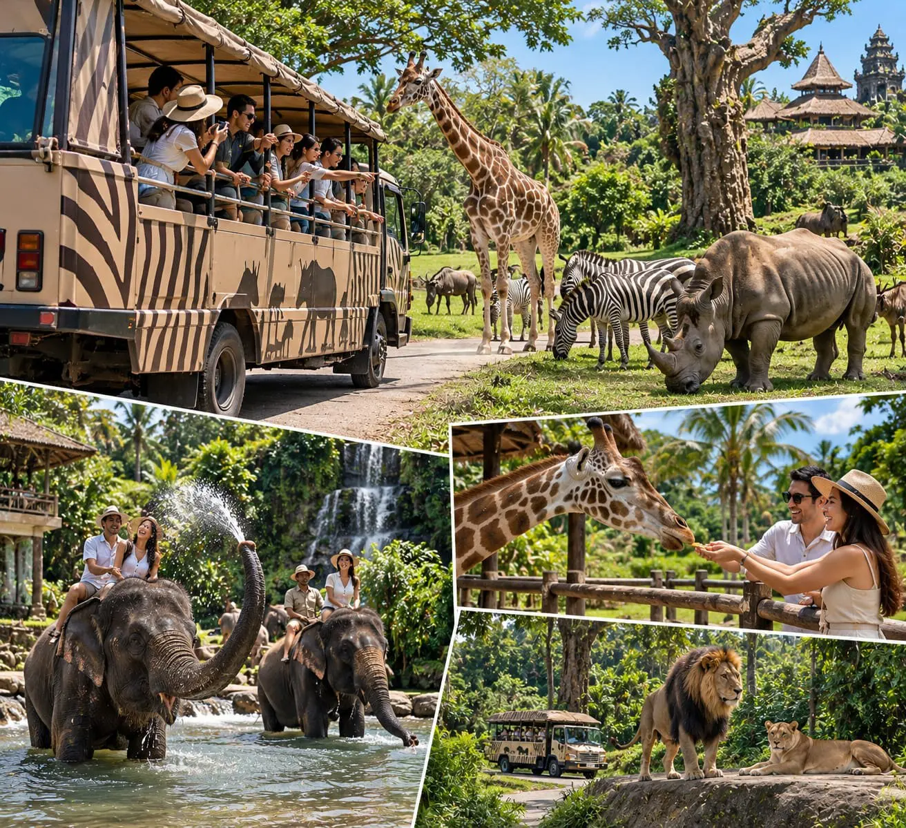 Four photographs of a day at Bali Safari Park — visitors leaning from a zebra-striped safari bus to photograph a giraffe among zebras and a rhino, a couple feeding a giraffe by hand over a fence, elephants wading a river below a waterfall, and a lion and lioness on a rock beside the bus track
