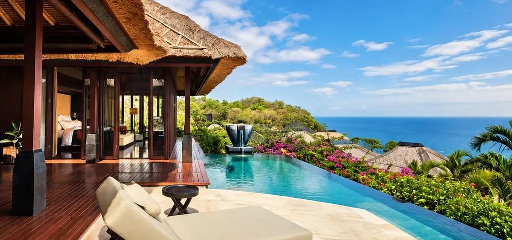 A thatched pavilion with its bedroom open onto a timber deck, a cushioned lounger beside an infinity pool with a stone fountain, bougainvillea and thatched roofs falling away to a deep blue sea under a clear sky