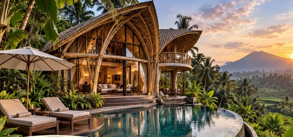 A bamboo house with a curved thatched roof, open onto a lit deck above a green infinity pool with two loungers and a white umbrella, palms and rice terraces running to a mountain behind it at sunset