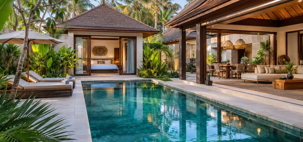 A private villa at golden hour — an open-sided bedroom pavilion and a living room with sofas and a dining table, both facing a long turquoise pool with sun loungers, an umbrella and palms around it
