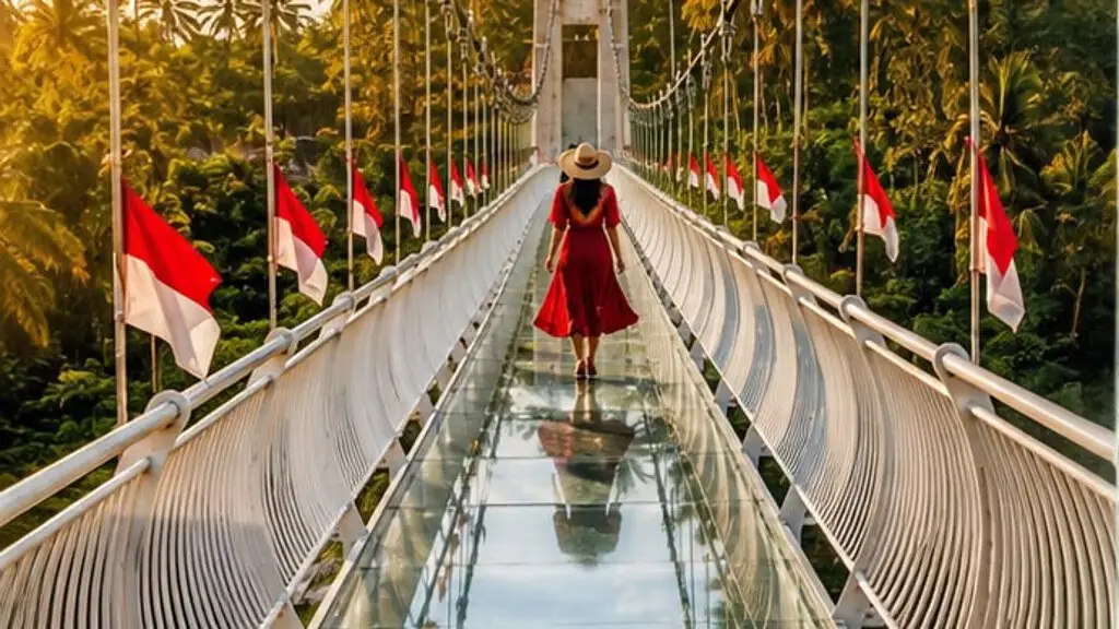 A woman in a red dress and straw hat walking across a glass-floored suspension bridge lined with red and white Indonesian flags, palm trees on either side