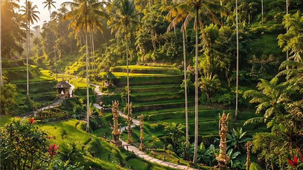 Terraced rice fields stepped down a valley with palm trees, a small shrine and carved stone pillars along the path, in warm afternoon light
