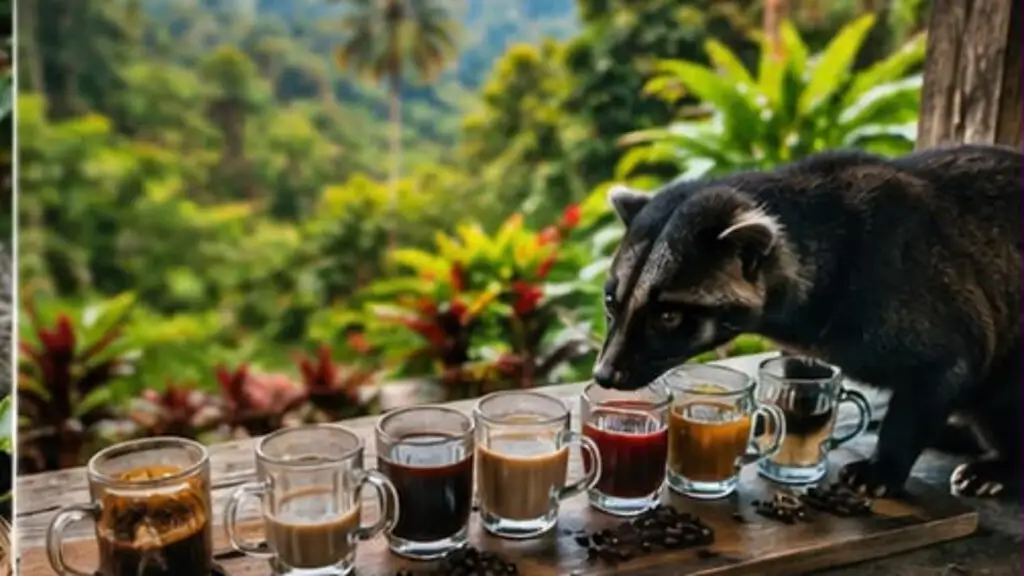A row of small glasses of coffee and tea in different colours on a wooden table, with a civet cat sniffing the end of the row