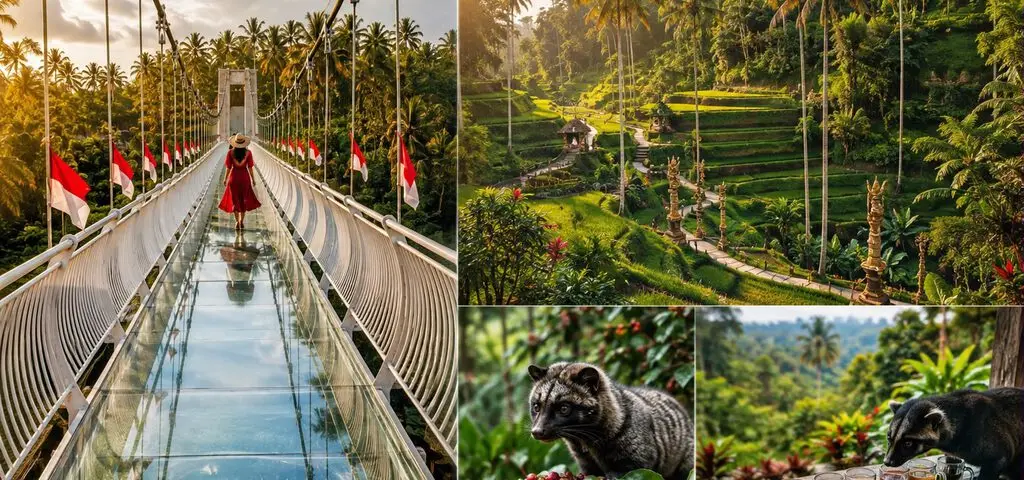 A woman in a red dress on a glass-floored suspension bridge lined with Indonesian flags, beside views of terraced rice fields and a civet cat among coffee cherries