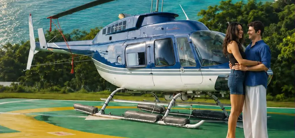 A couple embracing beside a blue and white helicopter on a green and yellow helipad, with the sea and a forested headland behind them