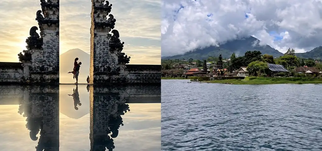 Two views side by side — a couple between the carved stone doors of the Lempuyang gate with a volcano and its reflection, and a lakeside temple under a cloud-covered mountain