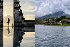 Two views side by side — a couple between the carved stone doors of the Lempuyang gate with a volcano and its reflection, and a lakeside temple under a cloud-covered mountain