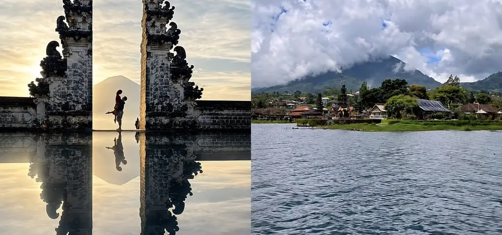 Two views side by side — a couple between the carved stone doors of the Lempuyang gate with a volcano and its reflection, and a lakeside temple under a cloud-covered mountain