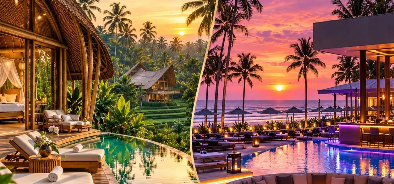 Two Bali stays side by side at sunset — a bamboo villa with its bed open onto a deck and a green pool among palms and rice terraces, and a beachfront pool with lanterns, umbrellas and a lit bar under a pink sky