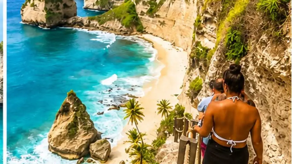 A woman walking down a stone staircase cut into a cliff above Diamond Beach, with white sand, pointed rocks and turquoise water below