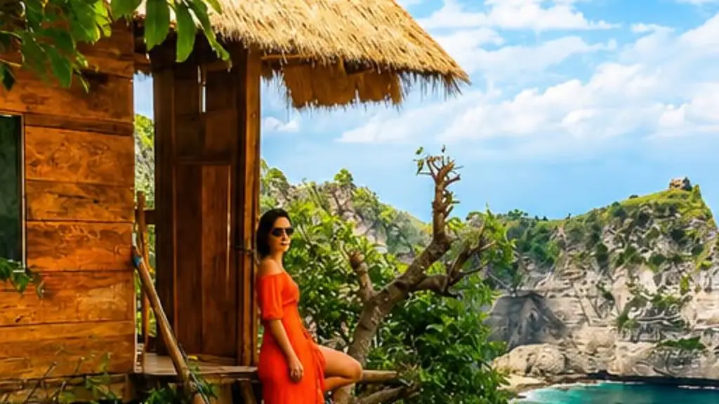 A woman in an orange dress on the ladder of a thatched wooden treehouse, with a rocky bay and turquoise sea behind her
