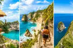 Three views of Nusa Penida side by side — a thatched treehouse above a bay, stone stairs above a white beach, and the Kelingking cliff over turquoise sea