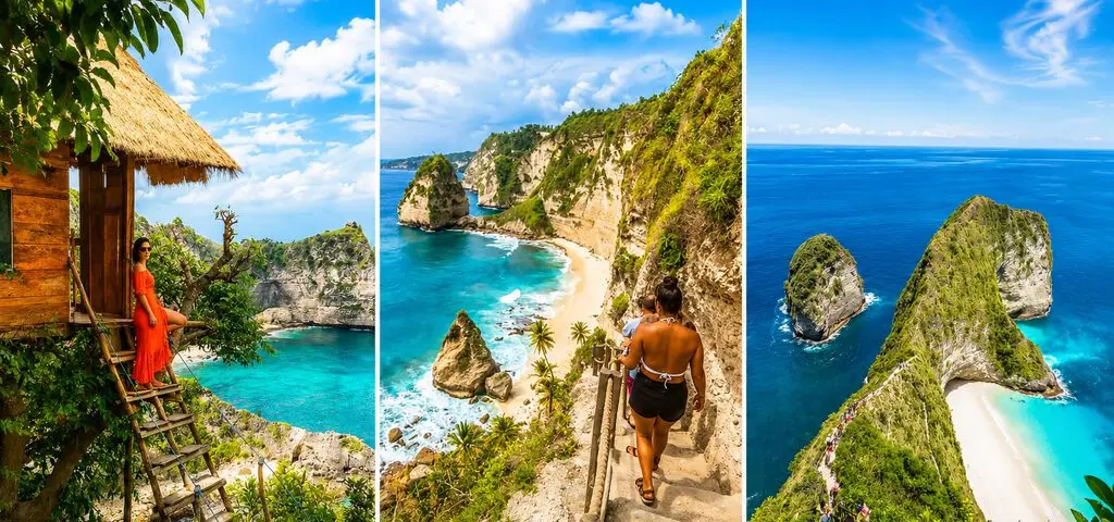 Three views of Nusa Penida side by side — a thatched treehouse above a bay, stone stairs above a white beach, and the Kelingking cliff over turquoise sea