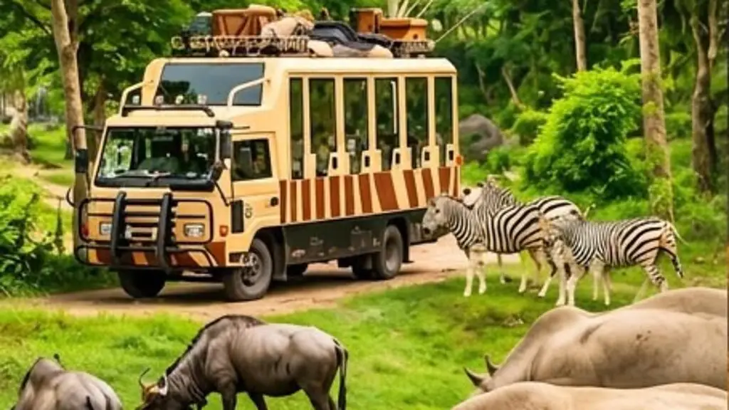 A cream and brown striped safari truck on a dirt track beside grazing zebras, with wildebeest and a rhino in the grass in front