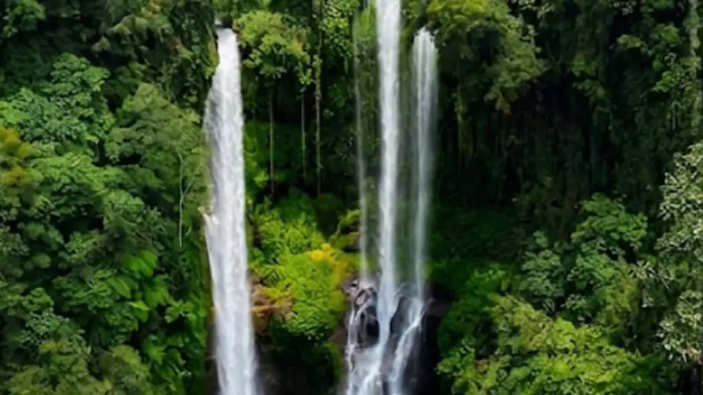 Twin waterfalls dropping in white columns down a cliff covered in dense green jungle