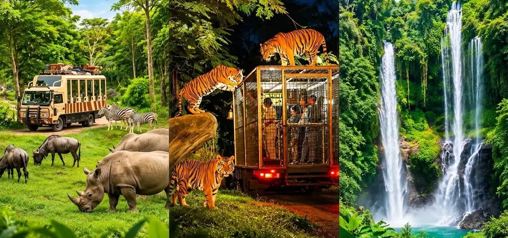 Three scenes side by side — a striped safari truck beside zebras and a rhino, tigers on a caged truck at night, and twin waterfalls in a green gorge