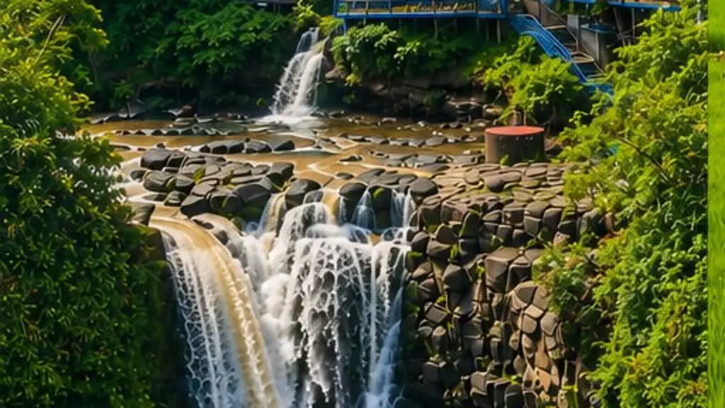 A wide waterfall pouring over dark rock into a brown pool, with a terrace of cafés and umbrellas on the green cliff above it