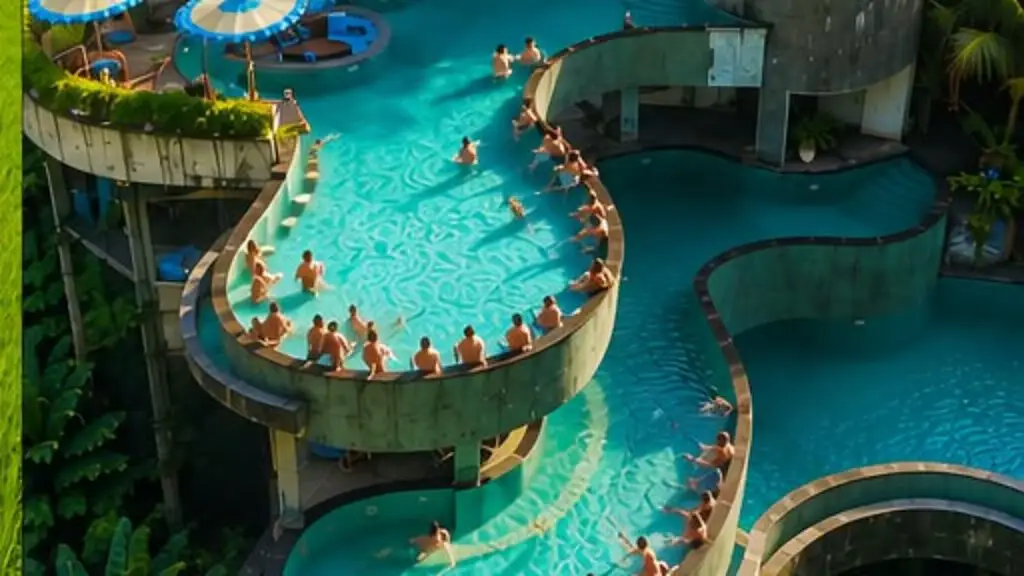 Curved turquoise pools stepped down a jungle hillside, with swimmers and sun umbrellas, seen from above