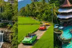 Three scenes side by side — a waterfall below a hillside restaurant, open-top Volkswagen cars driving through bright green rice fields, and tiered turquoise pools under a tall pavilion in the jungle