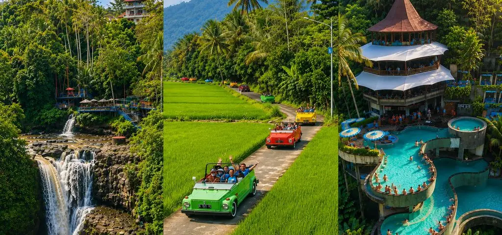 Three scenes side by side — a waterfall below a hillside restaurant, open-top Volkswagen cars driving through bright green rice fields, and tiered turquoise pools under a tall pavilion in the jungle