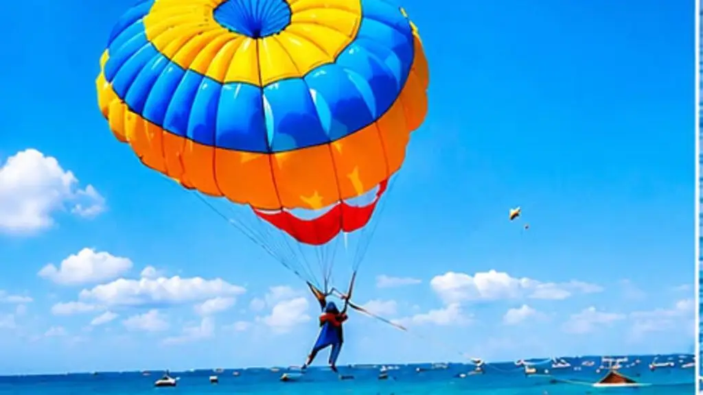 A parasail canopy in yellow, blue and orange lifting above the sea off Jimbaran under a clear sky