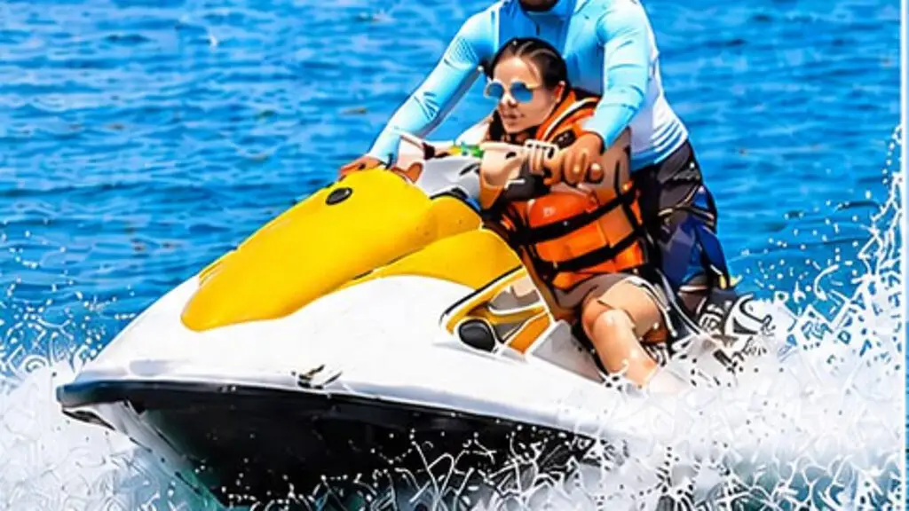 An instructor and a woman in orange life jackets on a yellow and white jet ski, throwing up spray on a blue sea