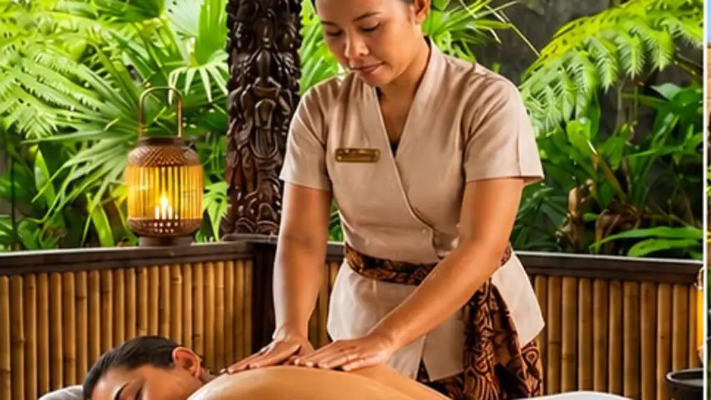 A therapist in a cream uniform giving a back massage in an open wooden pavilion surrounded by tropical plants and a lantern
