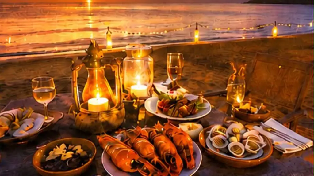 A candle-lit table on the sand with plates of grilled prawns and lobster, with an orange sunset over the sea behind