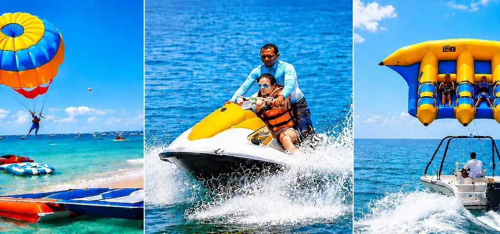 Three sea scenes side by side — a parasail over a beach of moored boats, a couple on a jet ski throwing spray, and a towed inflatable lifting off behind a speedboat