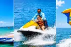 Three sea scenes side by side — a parasail over a beach of moored boats, a couple on a jet ski throwing spray, and a towed inflatable lifting off behind a speedboat